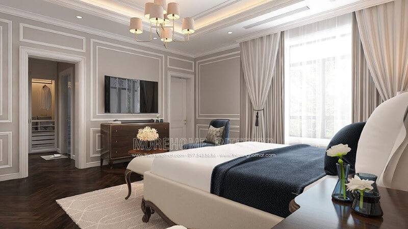 Bố trí nội thất phòng ngủ vợ chồng tân cổ điển sử dụng gam màu trắng chủ đạo sẽ là lựa chọn ấn tượng cho chủ nhà mệnh Kim. Thiết kế phòng ngủ biệt thự